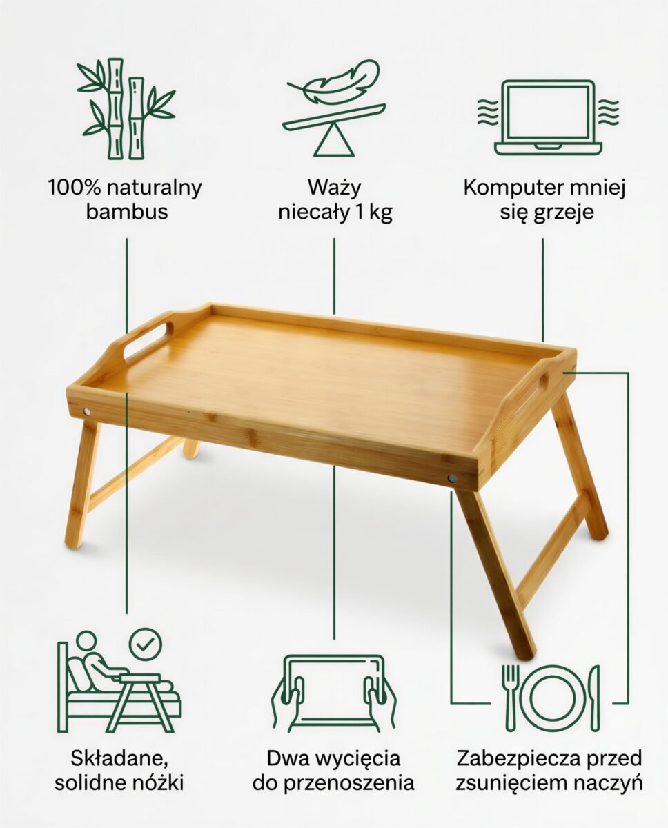 BAMBUSOWY STOLIK POD LAPTOPA TACA ŚNIADANIOWA DO ŁÓŻKA 50 CM, zdjęcie 7