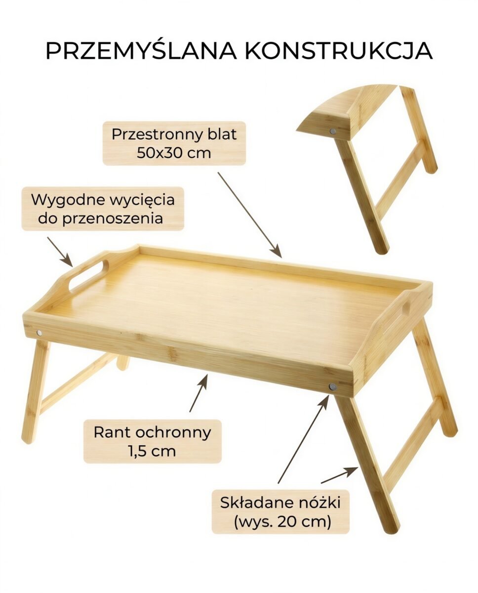 BAMBUSOWY STOLIK POD LAPTOPA TACA ŚNIADANIOWA DO ŁÓŻKA 50 CM, zdjęcie 9