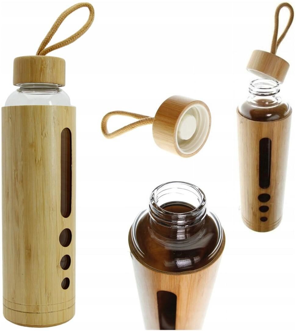 BIDON BUTELKA SZKLANA EKO SZCZELNA NA WODĘ NAPÓJ BAMBUSOWE ETUI 550 ml, zdjęcie 1