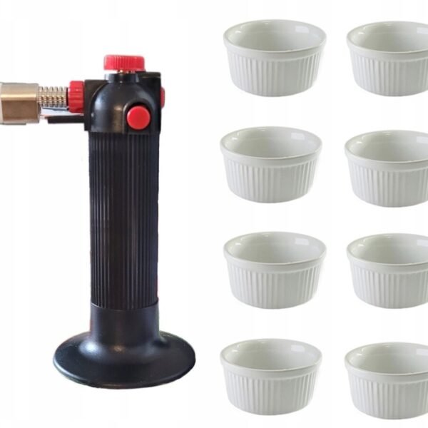 CERAMICZNE MISECZKI FOREMKI DO CREME BRULLE BIAŁE ZESTAW 8 szt + OPALARKA