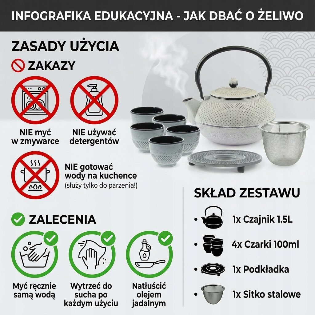 CZAJNIK ŻELIWNY 1,5L ZAPARZACZ DO HERBATY 4 CZARKI ZESTAW 5 ele NA PREZENT, zdjęcie 6