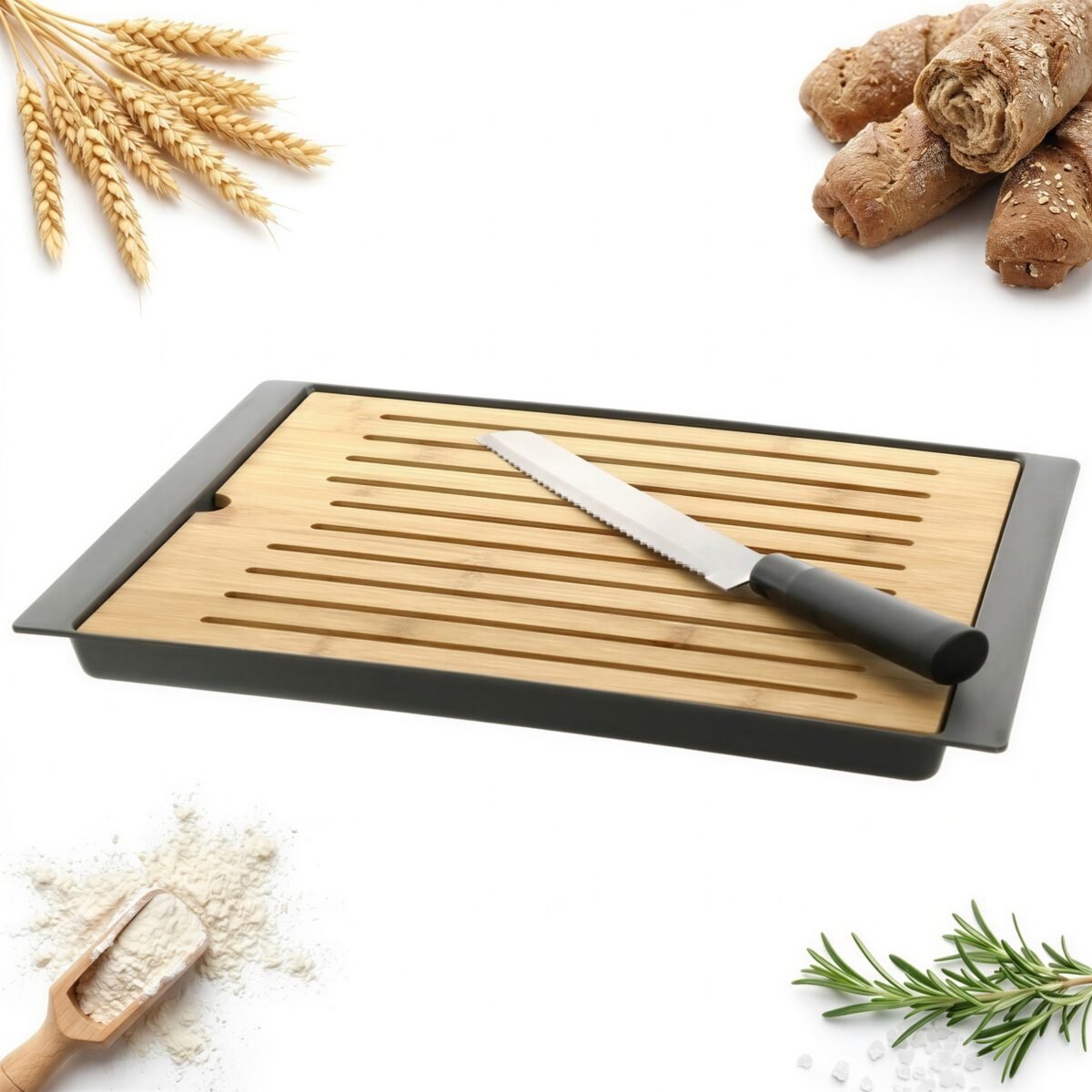 DESKA BAMBUSOWA DO KROJENIA CHLEBA PIECZYWA Z TACKĄ I NOŻEM 37,5X26,5 CM, zdjęcie 1