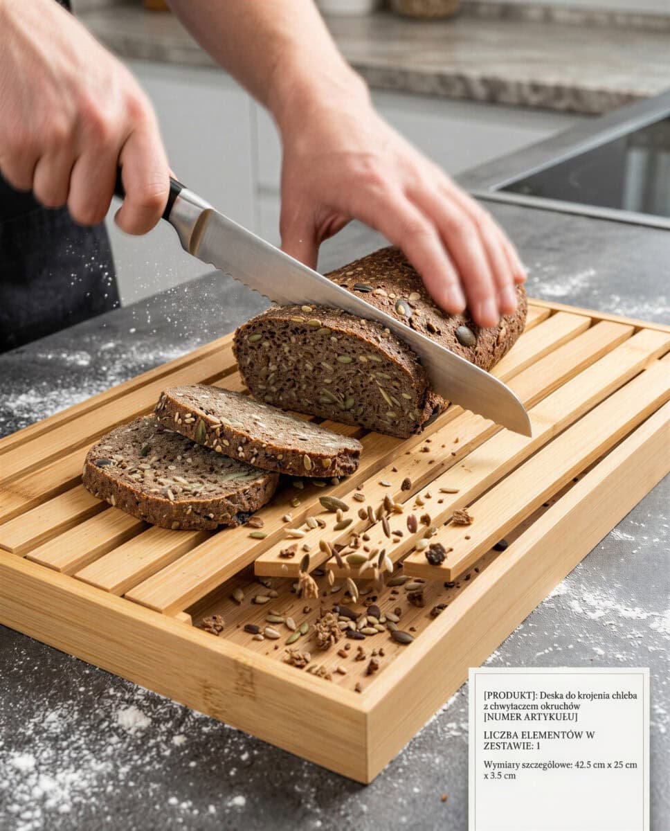 DESKA DO KROJENIA PIECZYWA BAMBUSOWA Z PODSTAWKĄ NA OKRUCHY 42,5×25×3,5 CM, zdjęcie 1