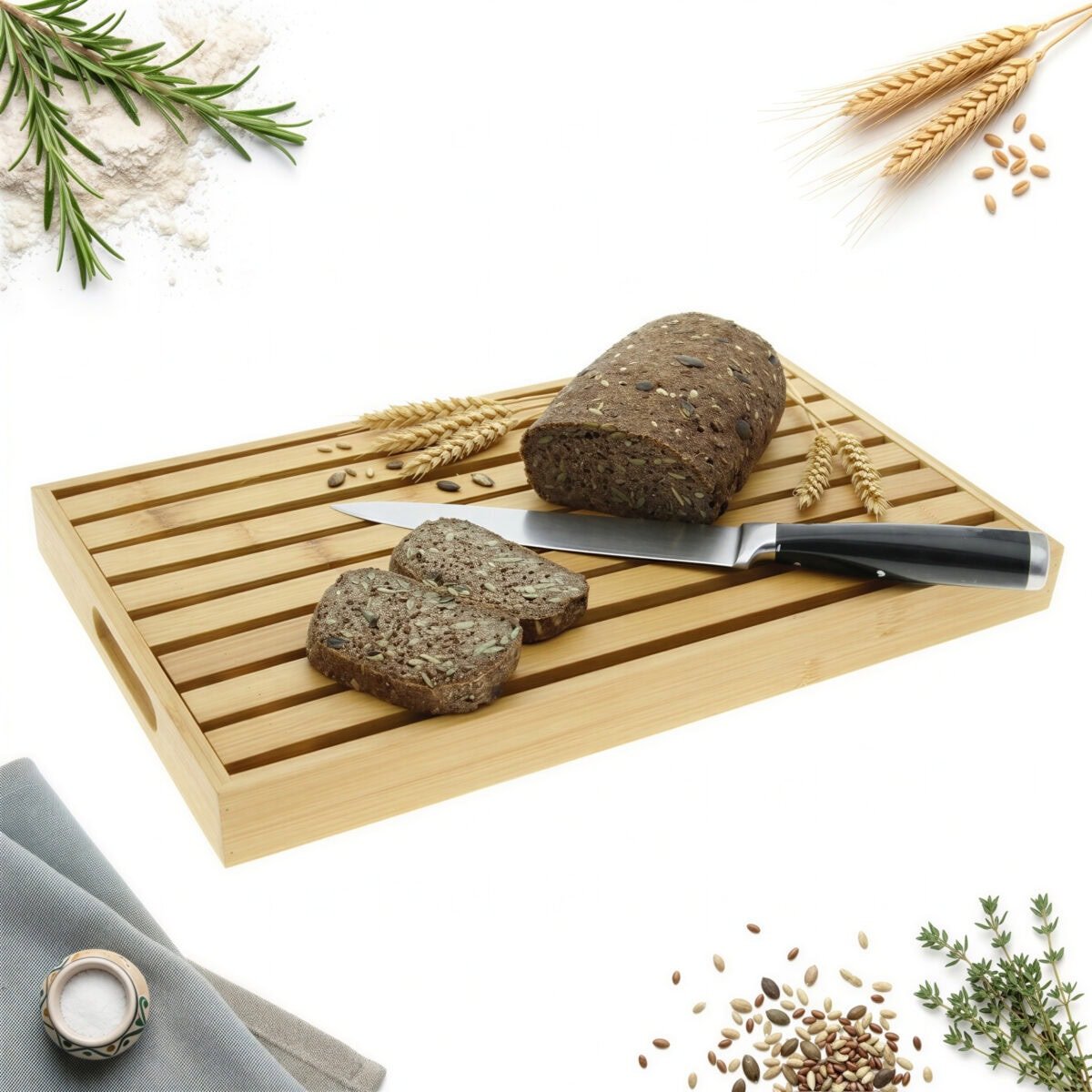 DESKA DO KROJENIA PIECZYWA BAMBUSOWA Z PODSTAWKĄ NA OKRUCHY 42,5×25×3,5 CM, zdjęcie 5