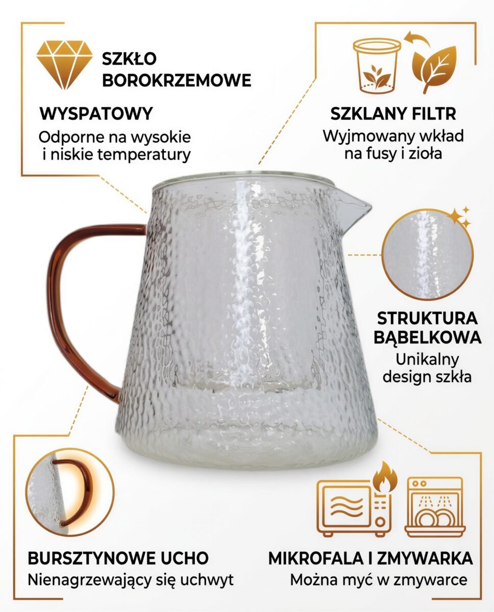 DZBANEK ŻAROODPORNY SZKLANY 1L ZAPARZACZ SZKLANYM DO HERBATY I ZIÓŁ WODY, zdjęcie 11