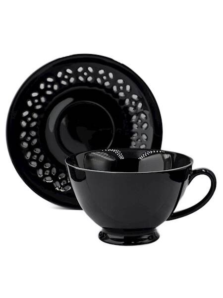 FILIŻANKA CERAMICZNA CZARNA 260ml ZE SPODKIEM AŻUROWYM DO KAWY HERBATY, zdjęcie 2