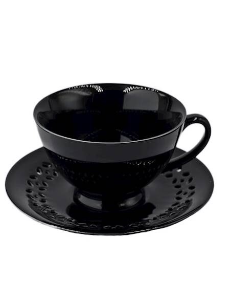 FILIŻANKA CERAMICZNA CZARNA 260ml ZE SPODKIEM AŻUROWYM DO KAWY HERBATY
