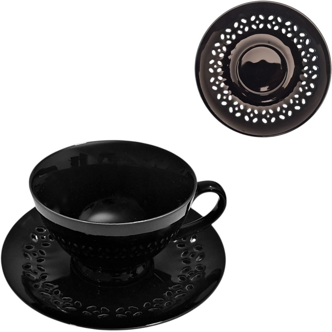 FILIŻANKA CERAMICZNA CZARNA 260ml ZE SPODKIEM AŻUROWYM DO KAWY HERBATY, zdjęcie 1