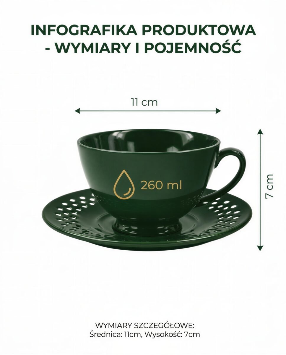 FILIŻANKA CERAMICZNA ZIELONA ZE SPODKIEM AŻUROWYM DO KAWY HERBATY 260ML, zdjęcie 11