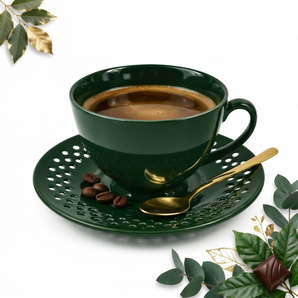 FILIŻANKA CERAMICZNA ZIELONA ZE SPODKIEM AŻUROWYM DO KAWY HERBATY 260ML, zdjęcie 1