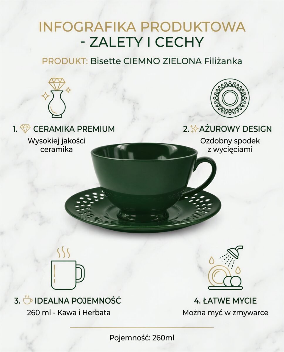 FILIŻANKA CERAMICZNA ZIELONA ZE SPODKIEM AŻUROWYM DO KAWY HERBATY 260ML, zdjęcie 7