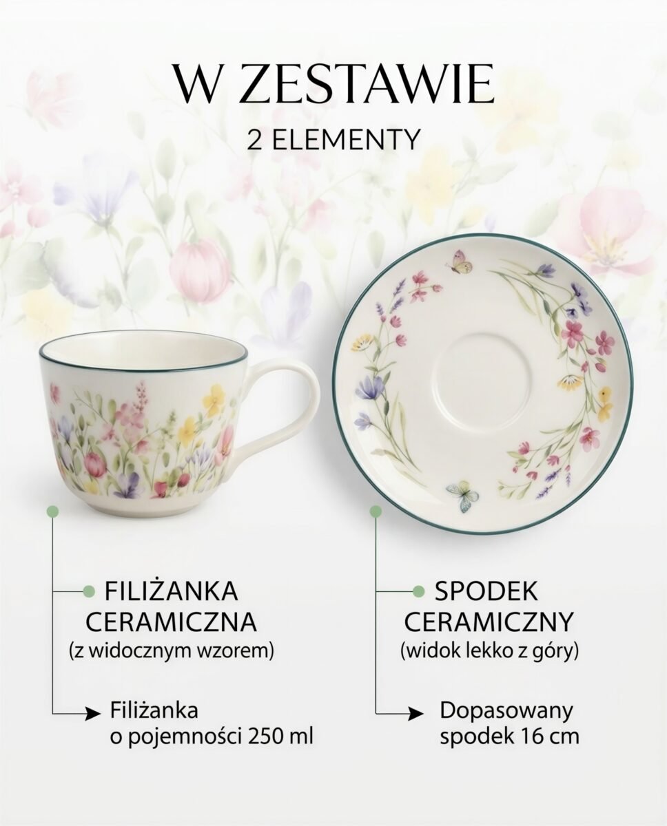 FILIŻANKA ZE SPODKIEM DO KAWY HERBATY CERAMICZNA BIAŁA 250 ML KWIATY ŁĄKA, zdjęcie 11