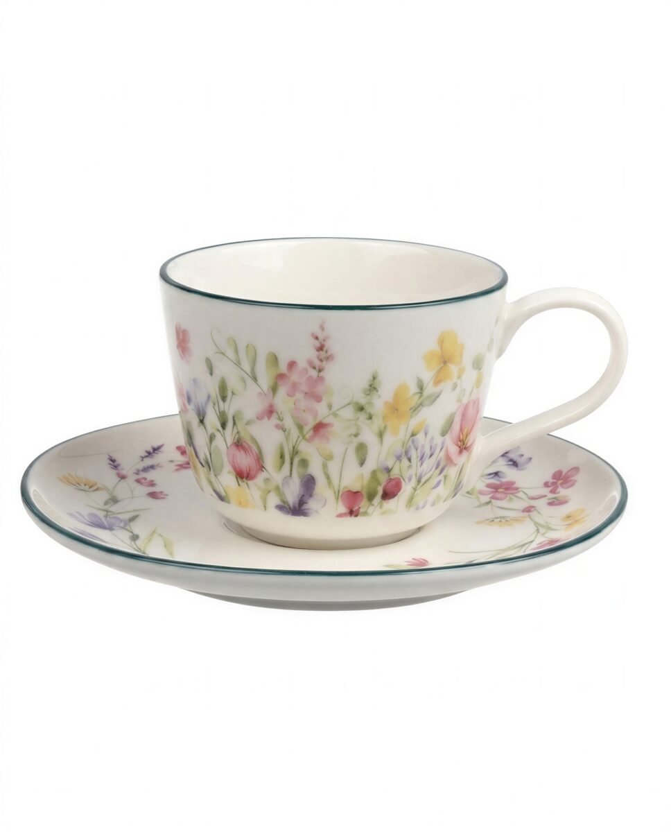 FILIŻANKA ZE SPODKIEM DO KAWY HERBATY CERAMICZNA BIAŁA 250 ML KWIATY ŁĄKA, zdjęcie 13
