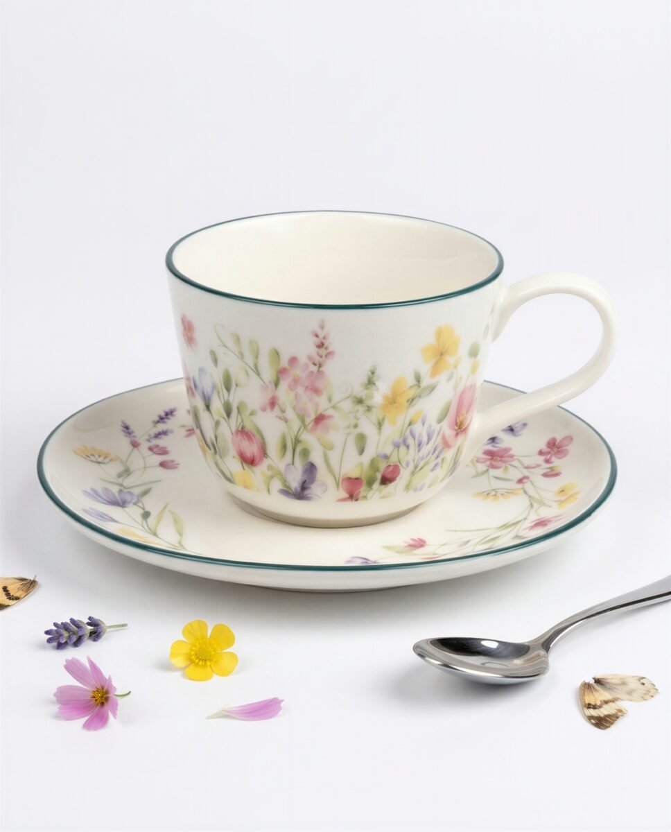 FILIŻANKA ZE SPODKIEM DO KAWY HERBATY CERAMICZNA BIAŁA 250 ML KWIATY ŁĄKA, zdjęcie 14