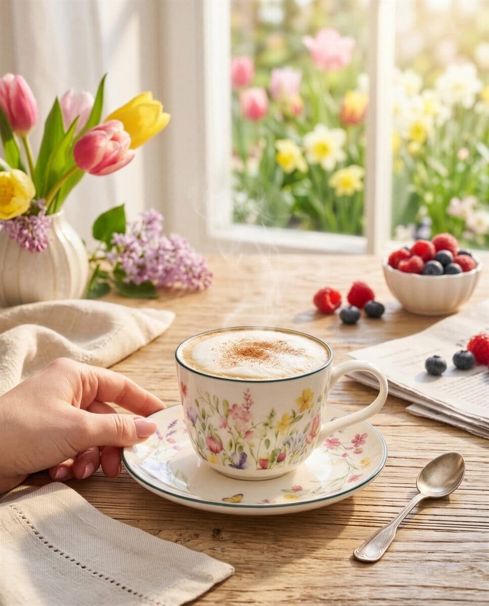 FILIŻANKA ZE SPODKIEM DO KAWY HERBATY CERAMICZNA BIAŁA 250 ML KWIATY ŁĄKA