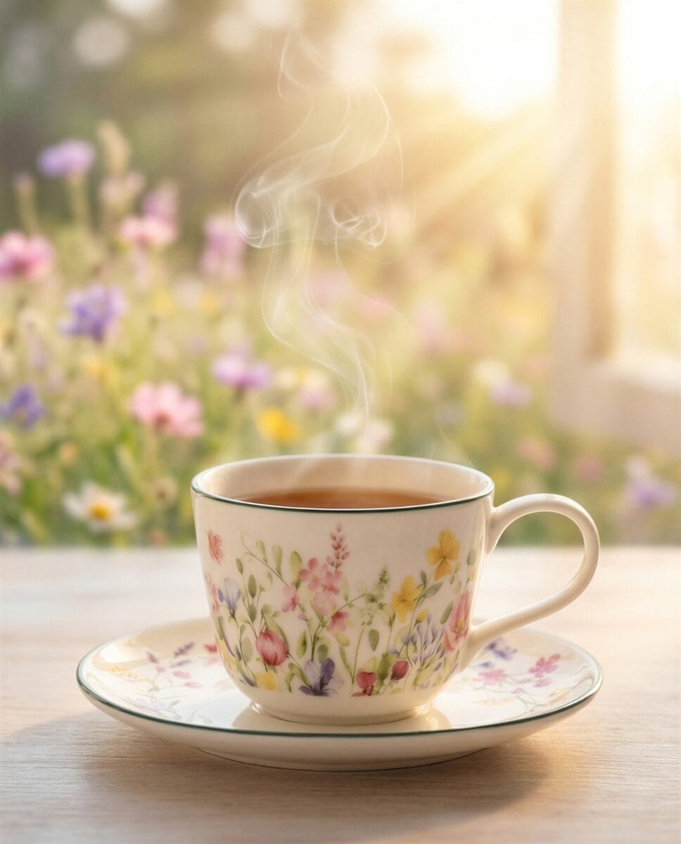 FILIŻANKA ZE SPODKIEM DO KAWY HERBATY CERAMICZNA BIAŁA 250 ML KWIATY ŁĄKA, zdjęcie 5