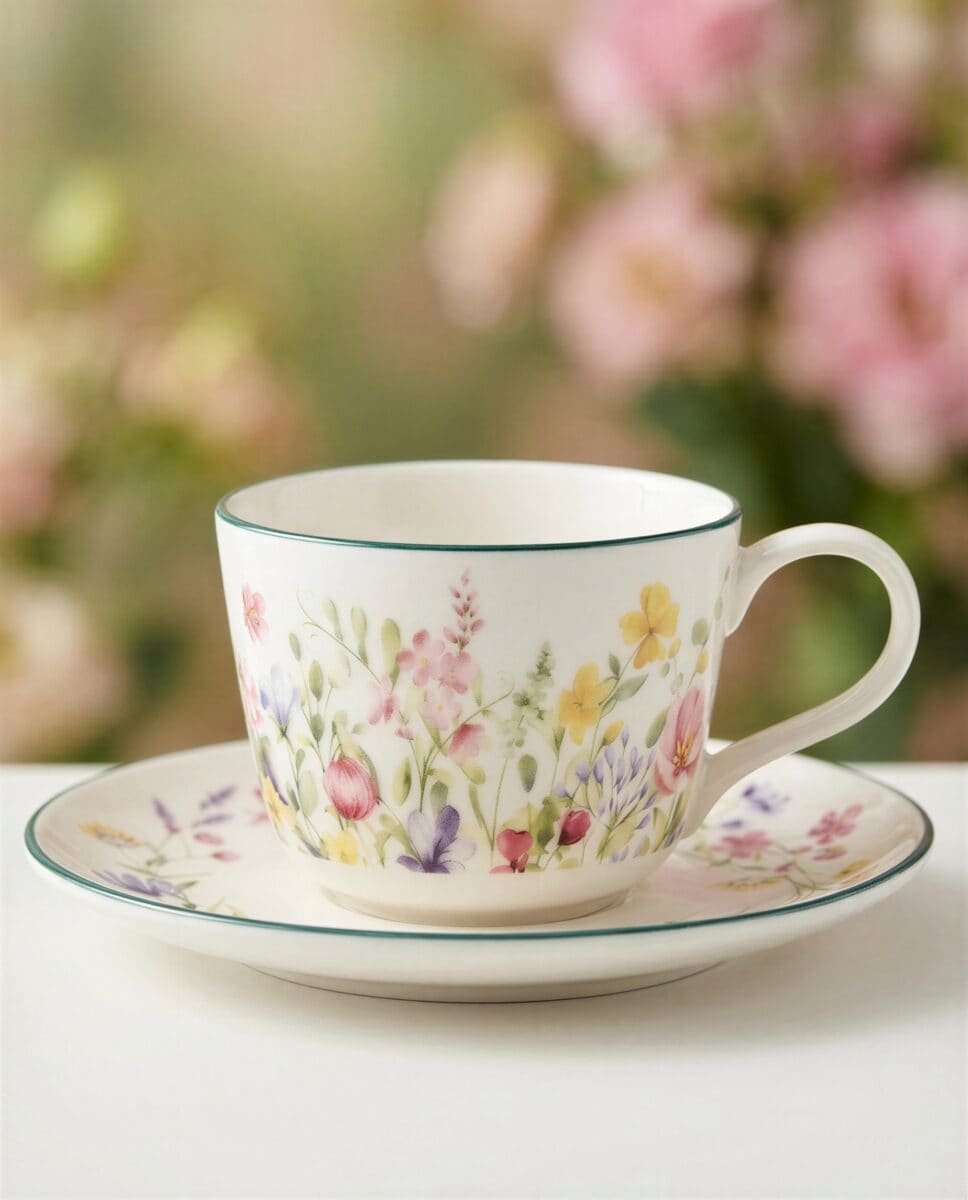FILIŻANKA ZE SPODKIEM DO KAWY HERBATY CERAMICZNA BIAŁA 250 ML KWIATY ŁĄKA, zdjęcie 6