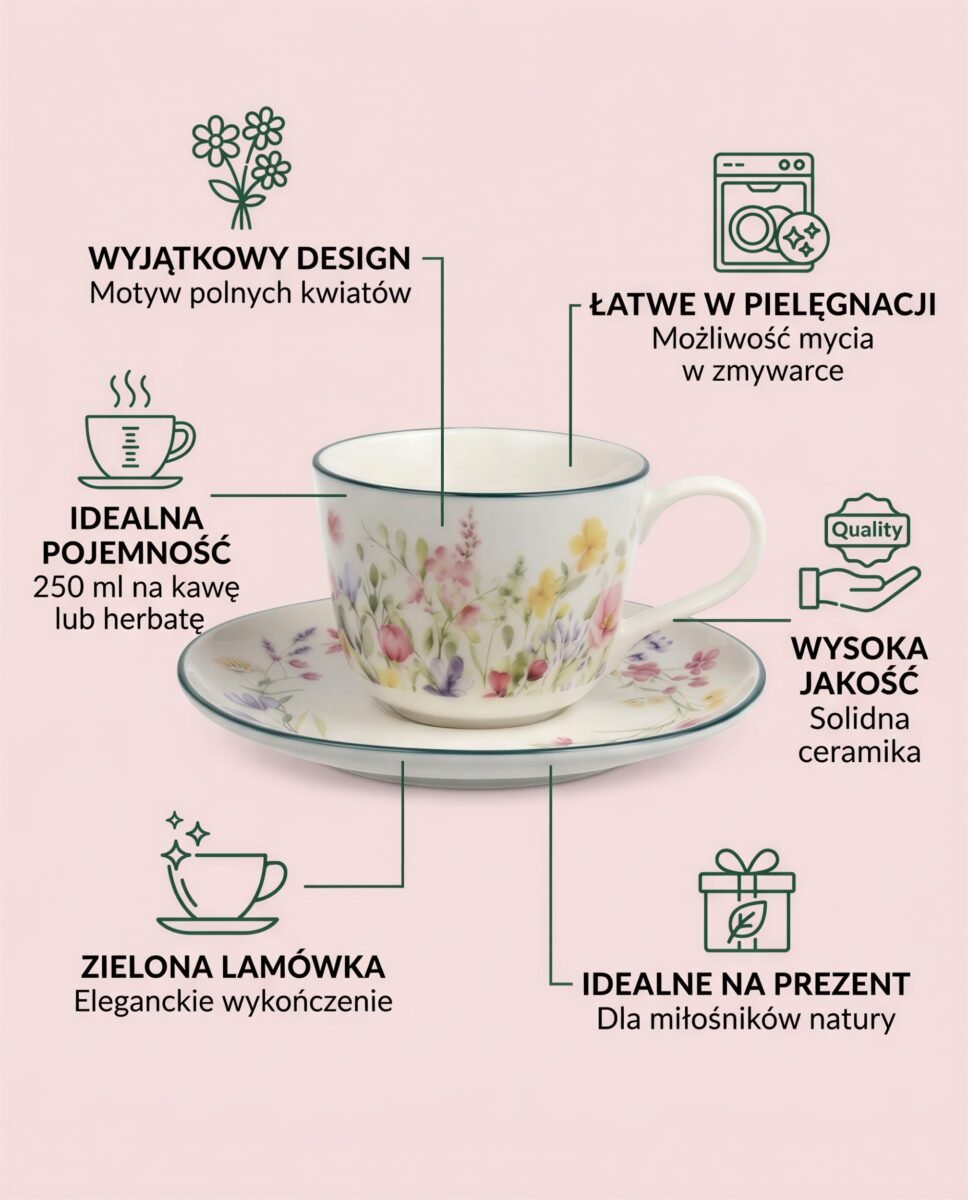 FILIŻANKA ZE SPODKIEM DO KAWY HERBATY CERAMICZNA BIAŁA 250 ML KWIATY ŁĄKA, zdjęcie 7