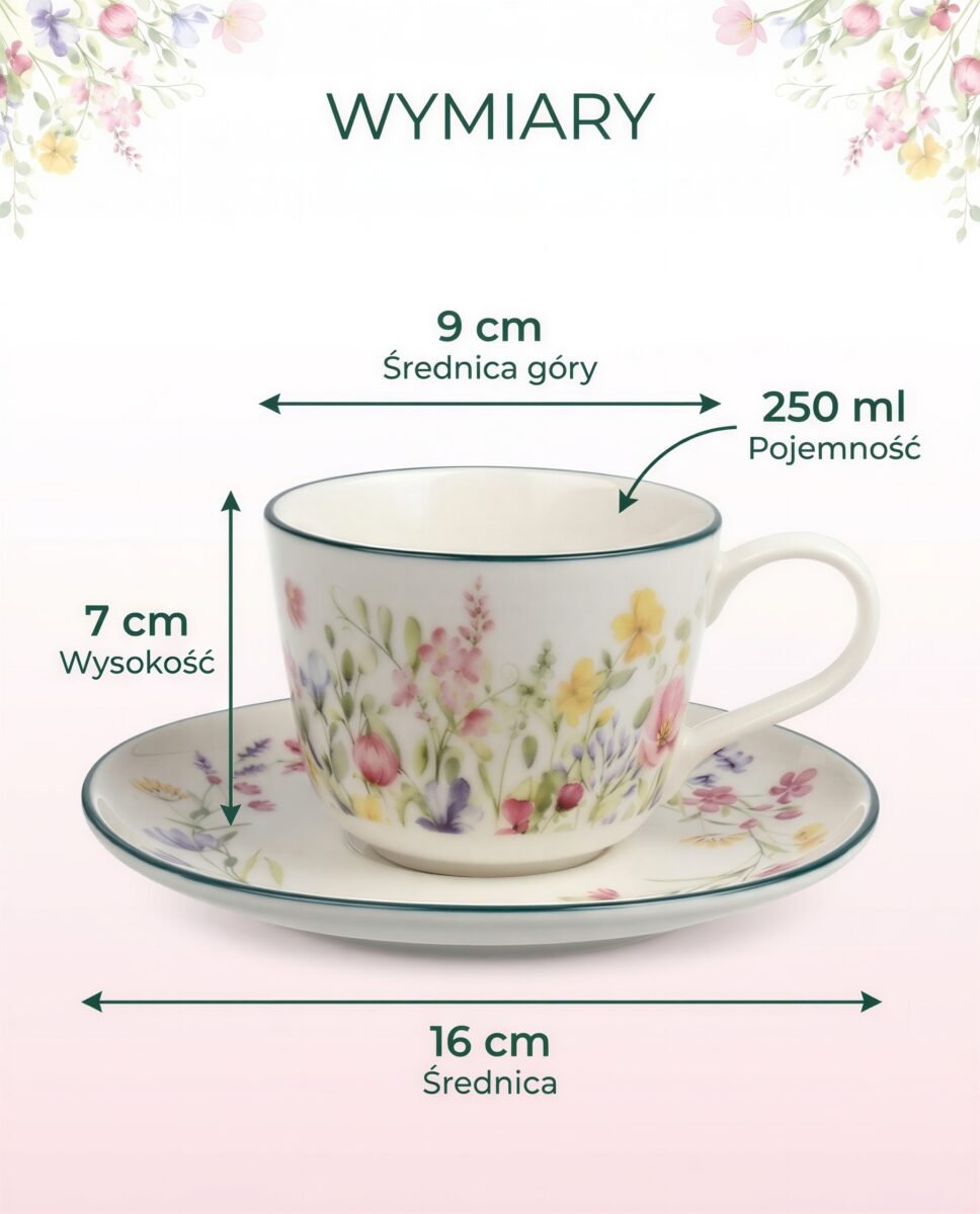 FILIŻANKA ZE SPODKIEM DO KAWY HERBATY CERAMICZNA BIAŁA 250 ML KWIATY ŁĄKA, zdjęcie 9