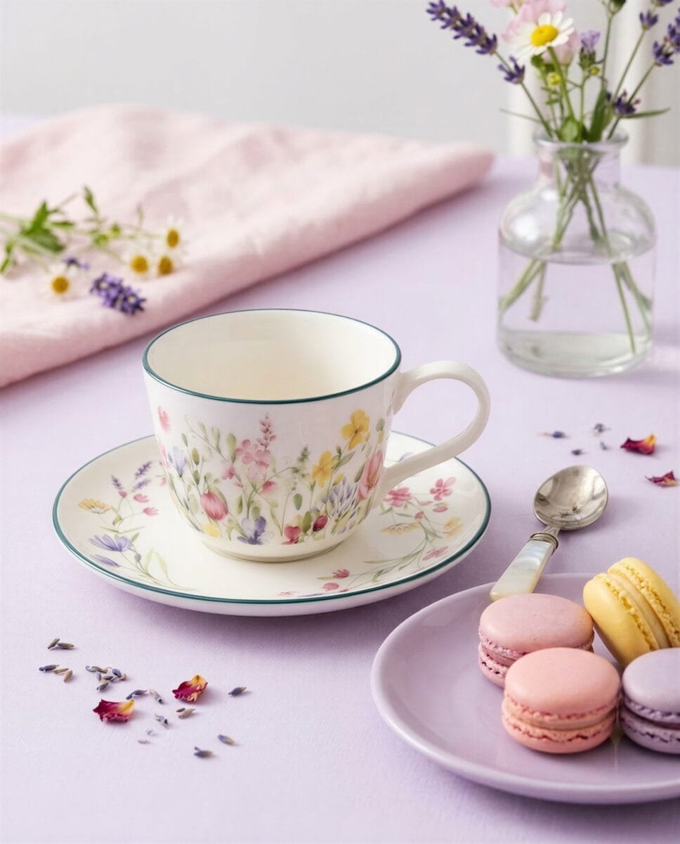 FILIŻANKA ZE SPODKIEM DO KAWY HERBATY CERAMICZNA BIAŁA 250 ML KWIATY ŁĄKA, zdjęcie 10