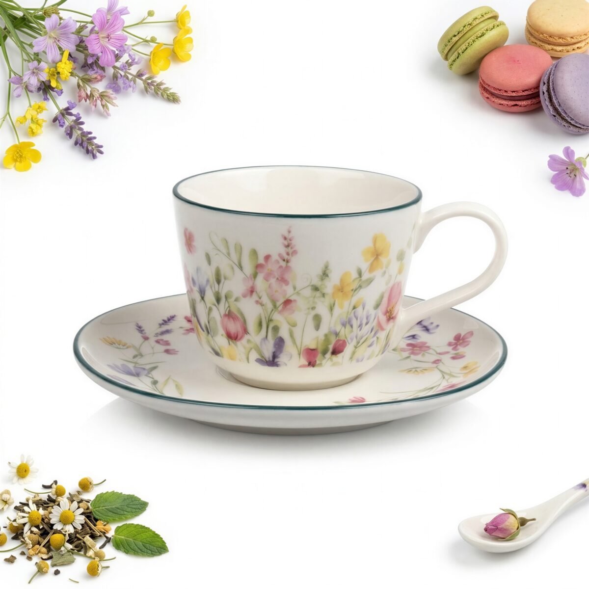 FILIŻANKA ZE SPODKIEM DO KAWY HERBATY CERAMICZNA BIAŁA 250 ML KWIATY ŁĄKA, zdjęcie 1