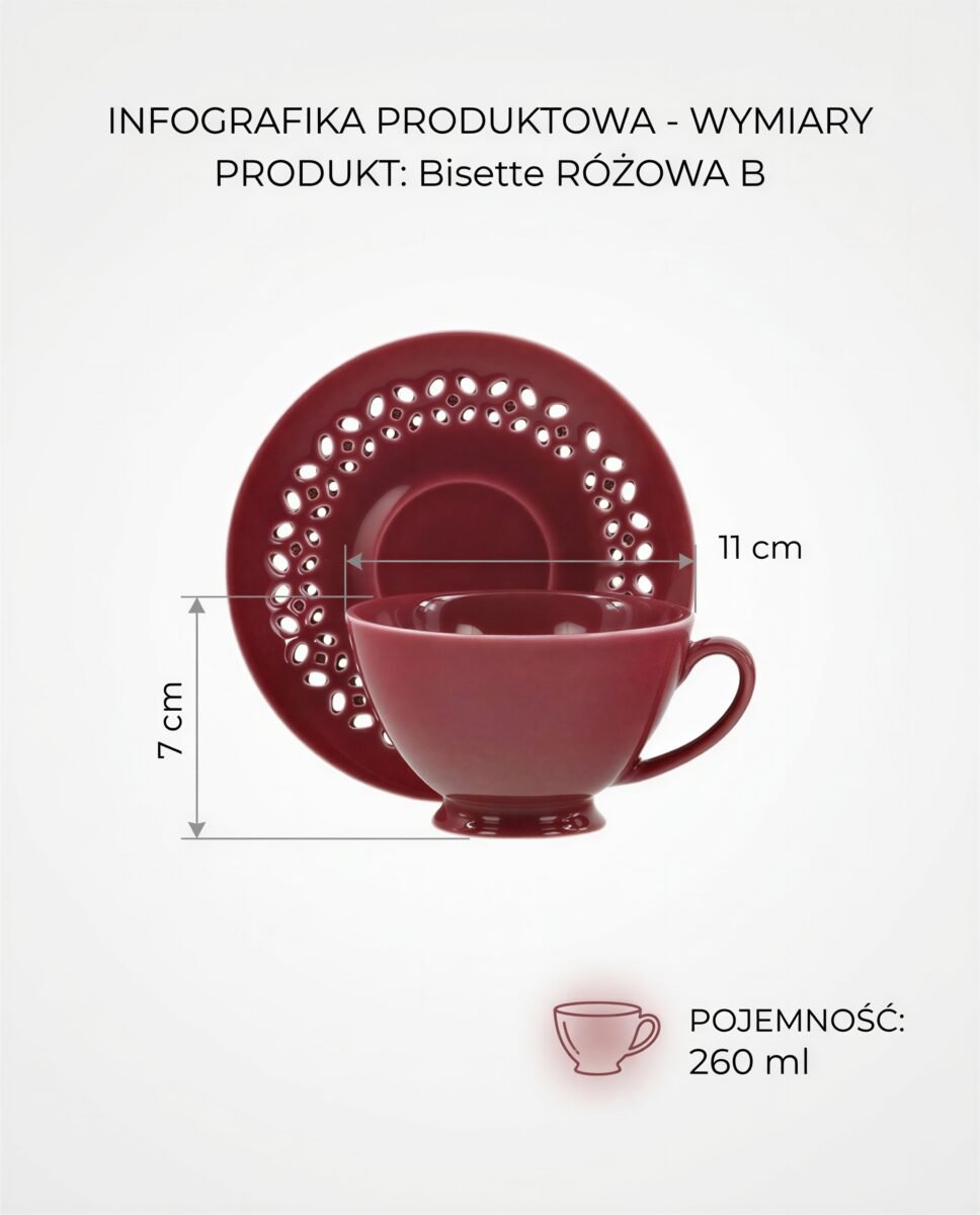 FILIŻANKA ZE SPODKIEM DO KAWY HERBATY CERAMICZNA RÓŻOWA 260ml ZESTAW KAWOWY, zdjęcie 11