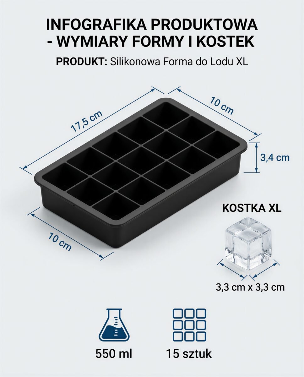 FORMA DO DUŻYCH KOSTEK LODU SILIKONOWA CZARNA POJEMNIK NA 15 KOSTEK 3,3 CM, zdjęcie 9