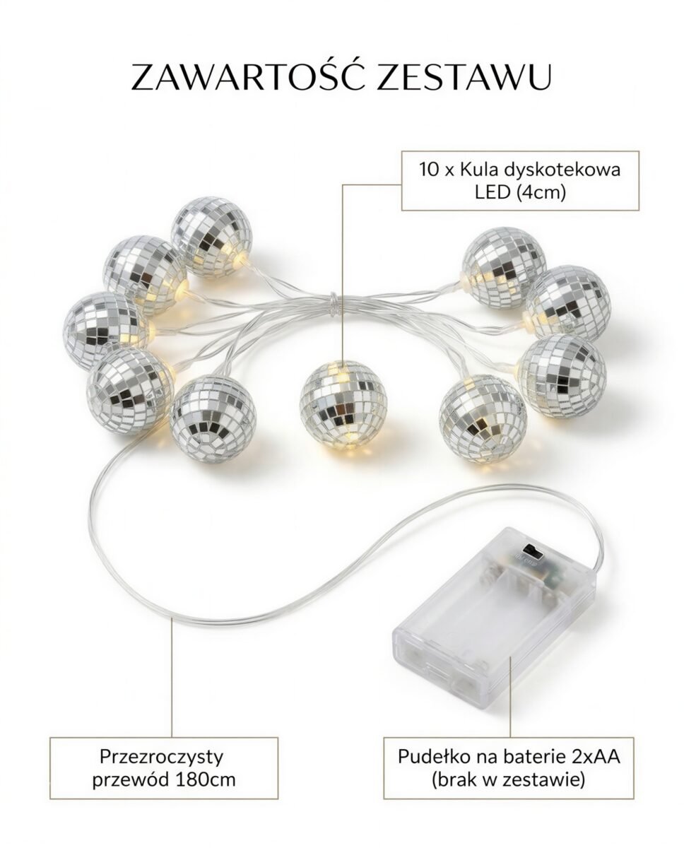 GIRLANDA ŚWIETLNA LAMPKI LED NA BATERIE MAŁE KULE 4cm LUSTRZANE SZNUR1 80CM, zdjęcie 11