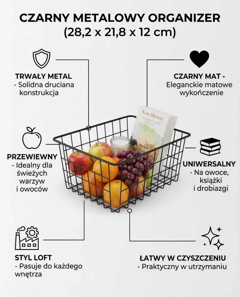 KOSZYK METALOWY NA OWOCE I WARZYWA ORGANIZER KUCHENNY CZARNY 28 CM, zdjęcie 7