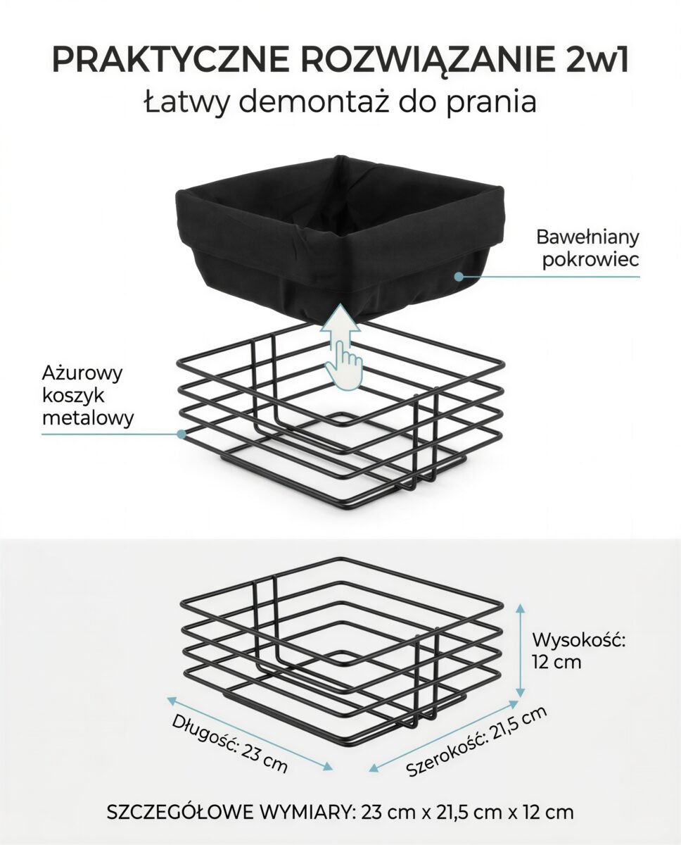 KOSZYK METALOWY NA PIECZYWO OWOCE WARZYWA CZARNY Z TKANINĄ 23×21,5×12 CM, zdjęcie 9
