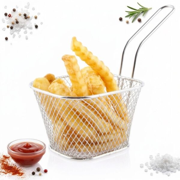 KOSZYK MINI DO SERWOWANIA FRYTEK DAŃ 320 ML SREBRNY STALOWY 18×8,3×13 CM