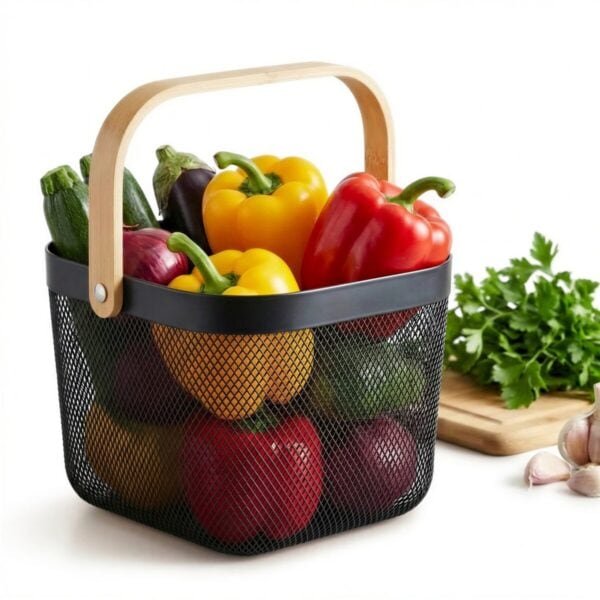 KOSZYK ORGANIZER NA OWOCE WARZYWA PIECZYWO CZARNY BAMBUSOWA RĄCZKA 24x25 CM