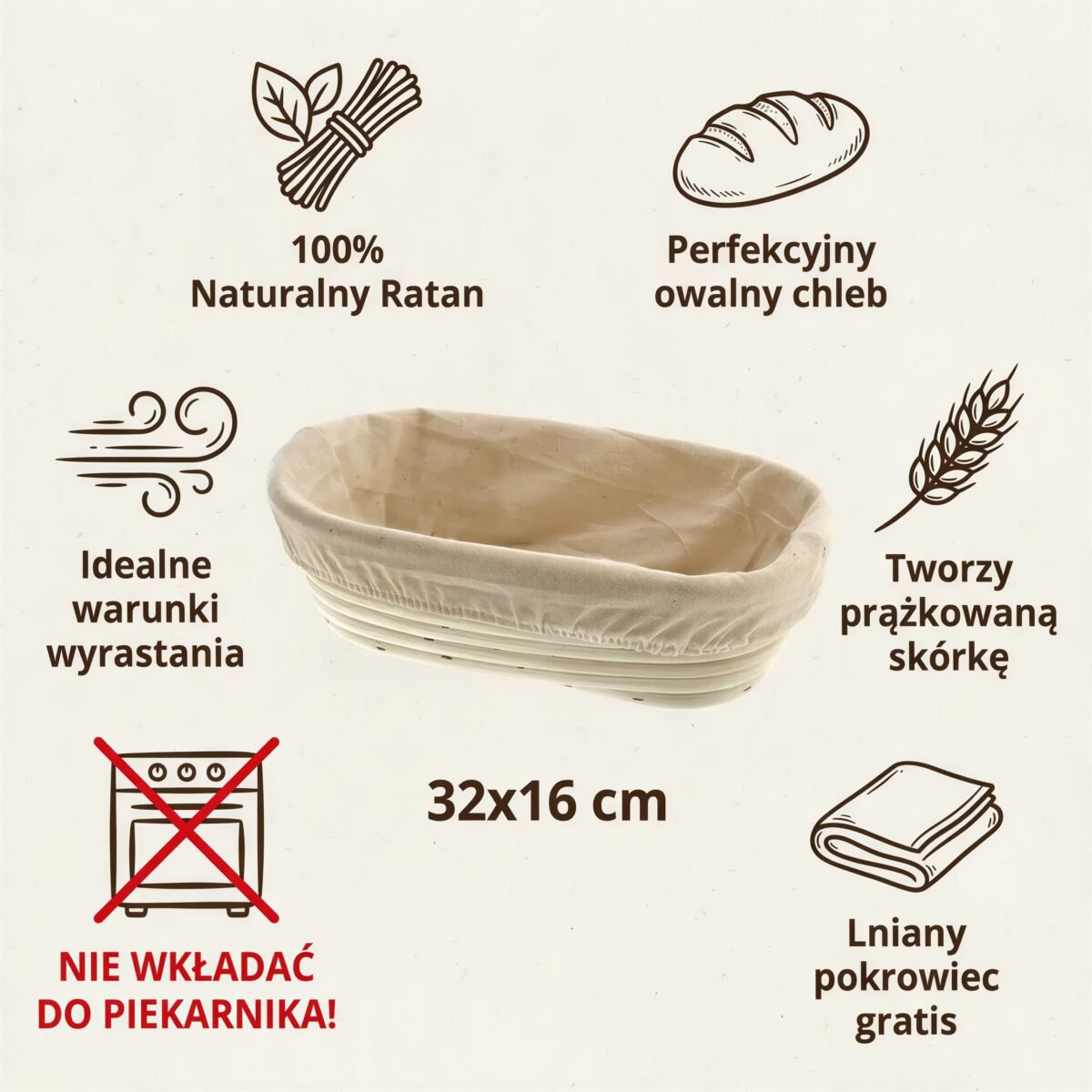 KOSZYK RATAN DO WYRASTANIA CIASTA NA CHLEB 32 CM DO GAROWANIA Z POKROWCEM, zdjęcie 8