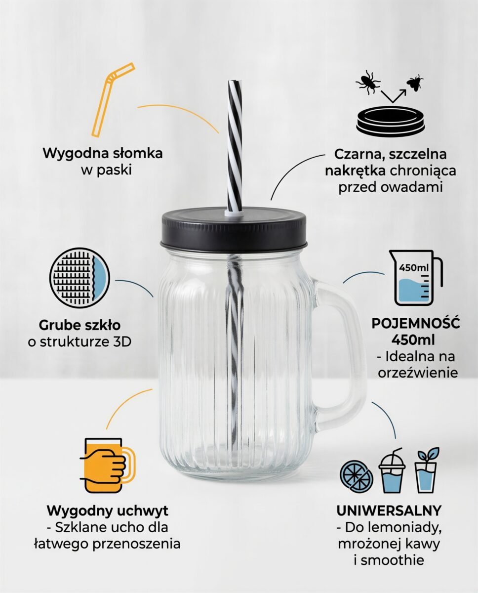 KUBEK SŁOIK SZKLANY ZE SŁOMKĄ DO WODY SOKU NAPOJÓW RYFLOWANY 450 ML, zdjęcie 7