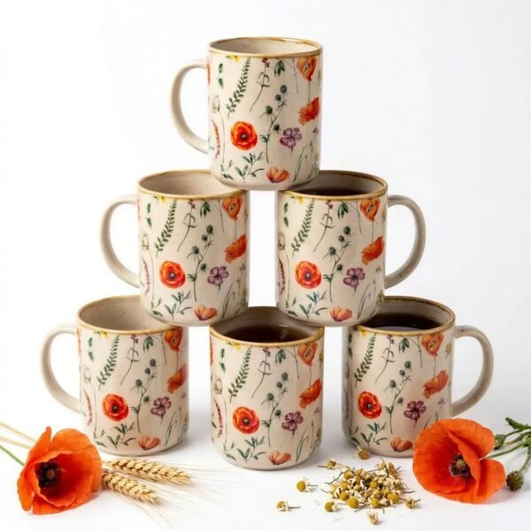 KUBEK ZESTAW 6 KUBKÓW CERAMICZNYCH 400 ml DO KAWY HERBATY KWIATY MAKI Ø9 cm