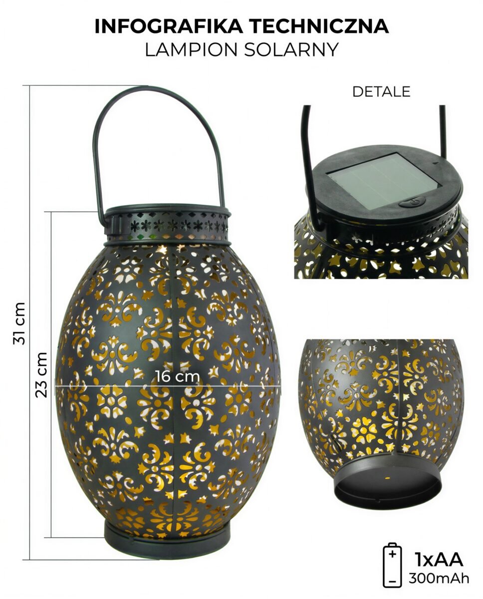 LAMPA LED LAMPION SOLARNY 31 CM OGRODWOY BALKONOWY METALOWA ŁAMPA, zdjęcie 7