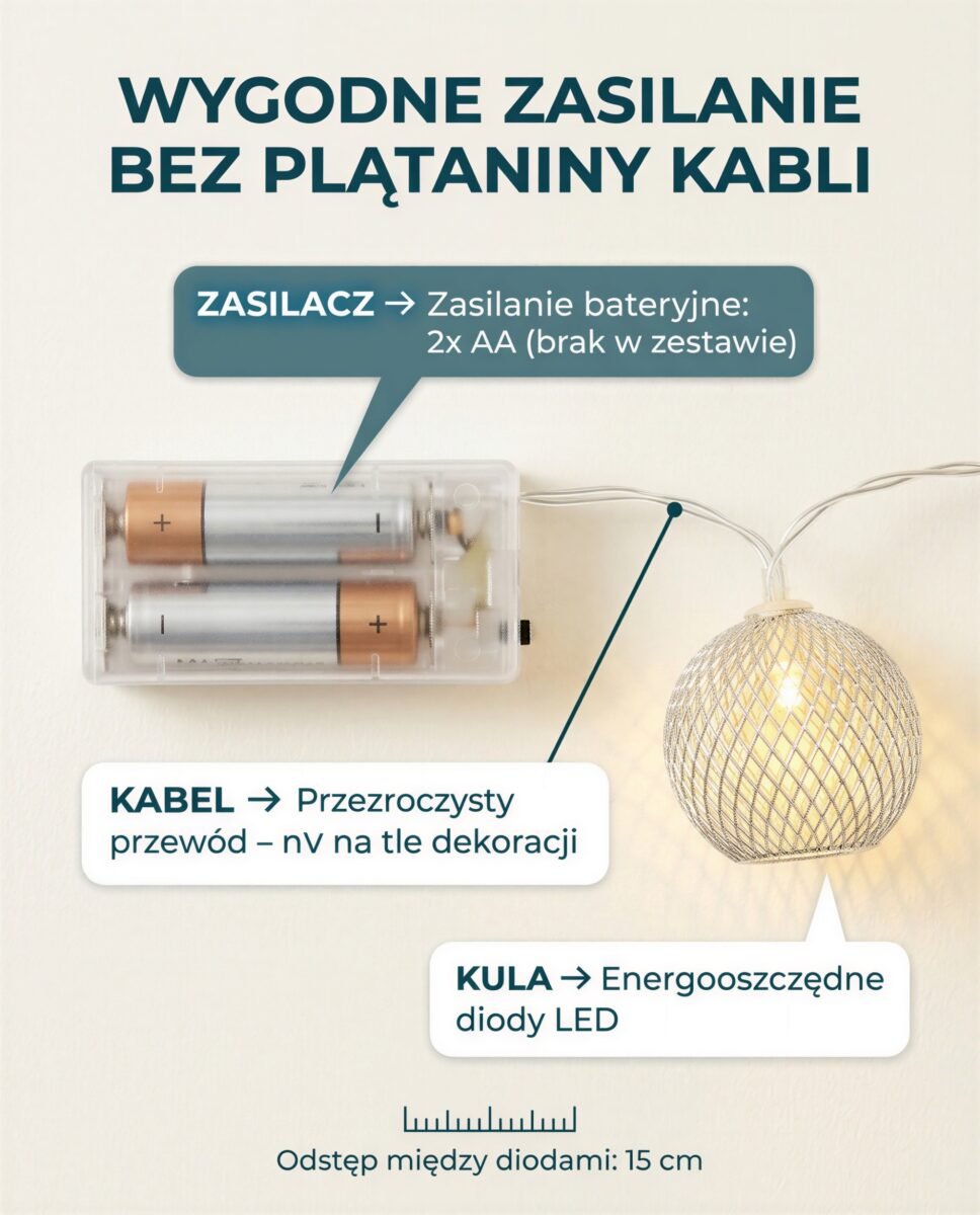 LAMPKI LED GIRLANDA ŚWIETLNA NA BATERIE METALOWE KULE 150 CM DEKORACJA WEW, zdjęcie 11