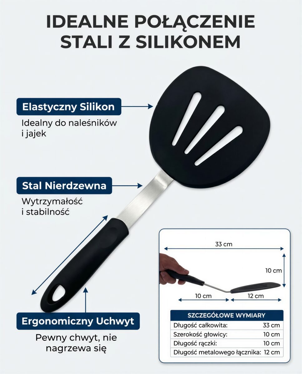 ŁOPATKA SZPATUŁKA DO JAJEK NALEŚNIKÓW SMAŻENIA SILIKONOWO STALOWA 31,5 CM, zdjęcie 9