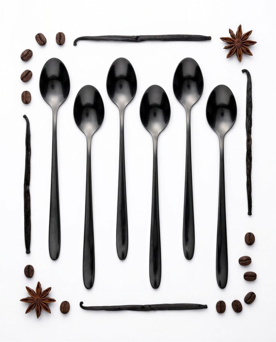 ŁYŻECZKI DŁUGIE 20 CM DO LODÓW LATTE DESERÓW CZARNE STALOWE ZESTAW 6 sztuk