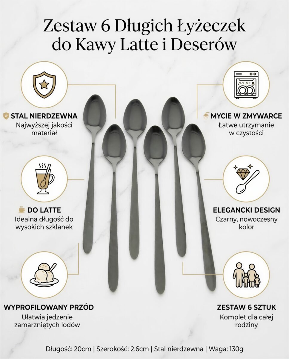 ŁYŻECZKI DŁUGIE 20 CM DO LODÓW LATTE DESERÓW CZARNE STALOWE ZESTAW 6 sztuk, zdjęcie 7