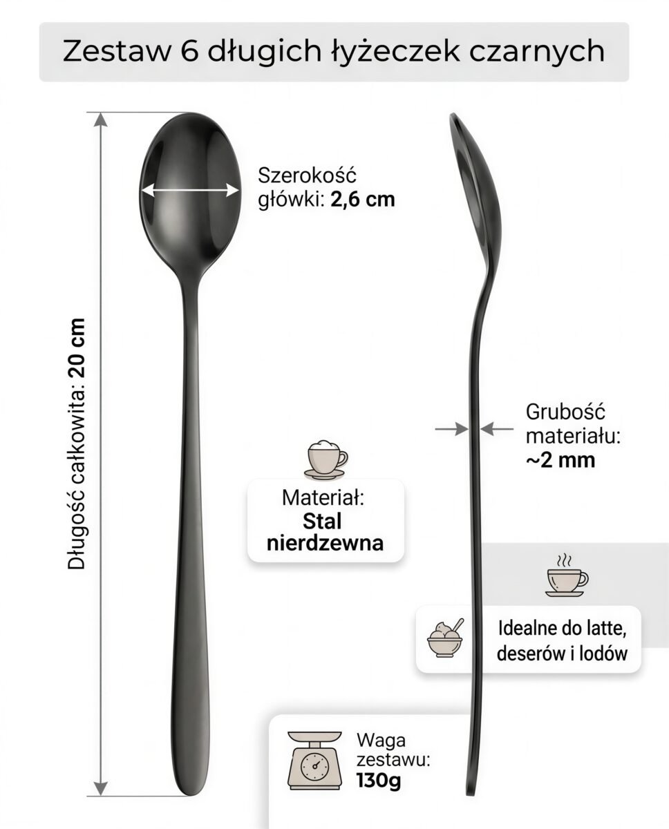 ŁYŻECZKI DŁUGIE 20 CM DO LODÓW LATTE DESERÓW CZARNE STALOWE ZESTAW 6 sztuk, zdjęcie 9