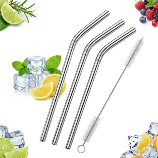 METALOWE SŁOMKI WIELORAZOWE DO DRINKÓW ZESTAW Z CZYŚCIKIEM 21 CM