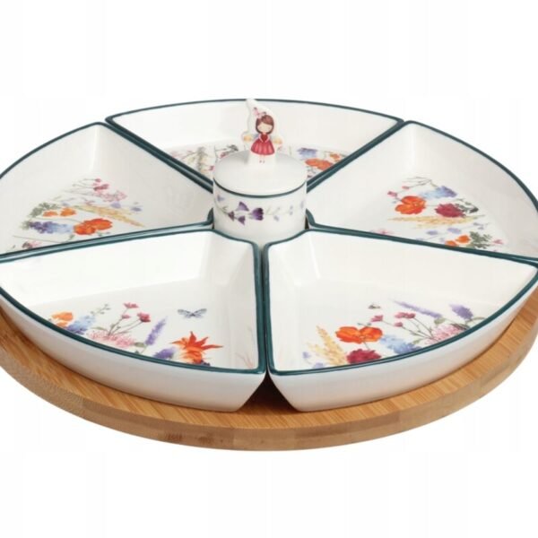 OBROTOWA PATERA CERAMICZNA 27,5 CM NA BAMBUSIE 7 ELEMENTÓW PANI KWIATEK