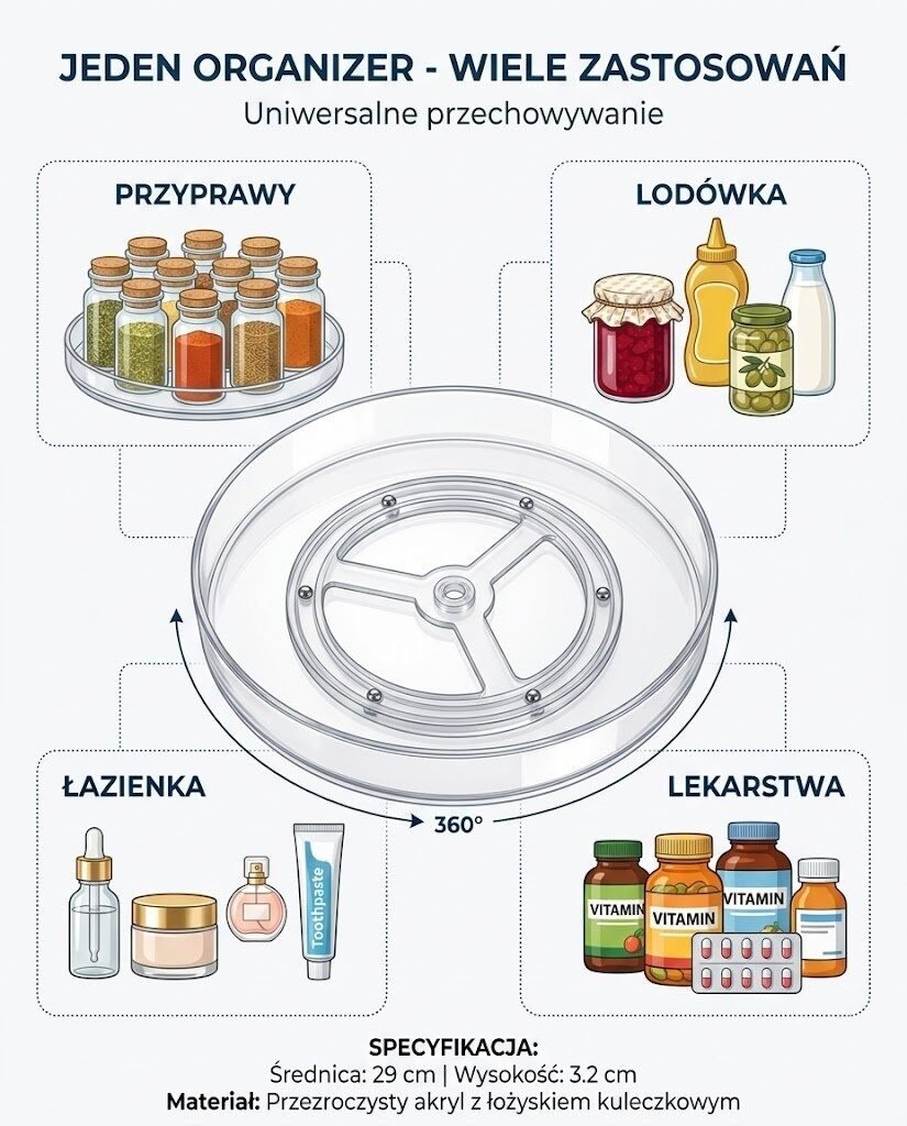 OBROTOWY ORGANIZER NA PRZYPRAWY SŁOIKÓW DO LODÓWKI BEZBARWNY 29 CM, zdjęcie 9