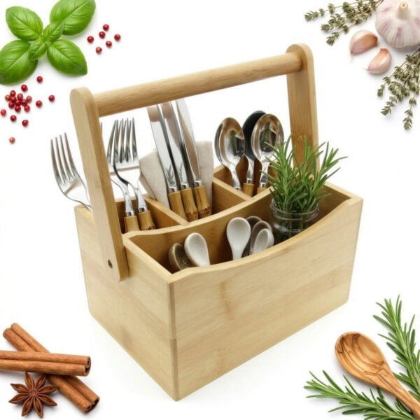 ORGANIZER BAMBUSOWY POJEMNIK NA SZTUĆCE I PRZYBORY 20,1×14×23,5 CM NATURALN