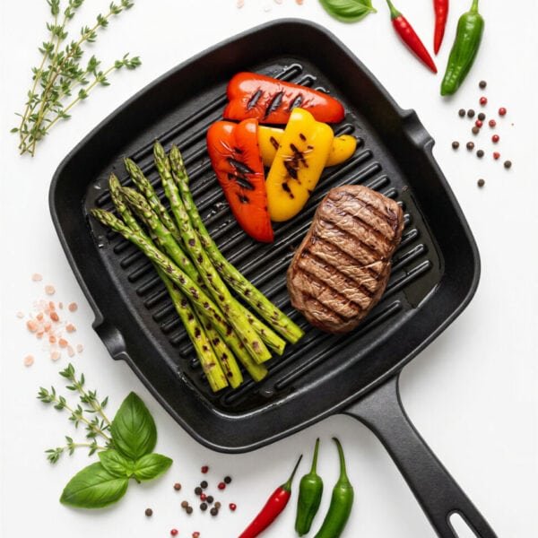 PATELNIA GRILLOWA ŻELIWNA 23 CM CZARNA DO SMAŻENIA I DUSZENIA SOLIDNA