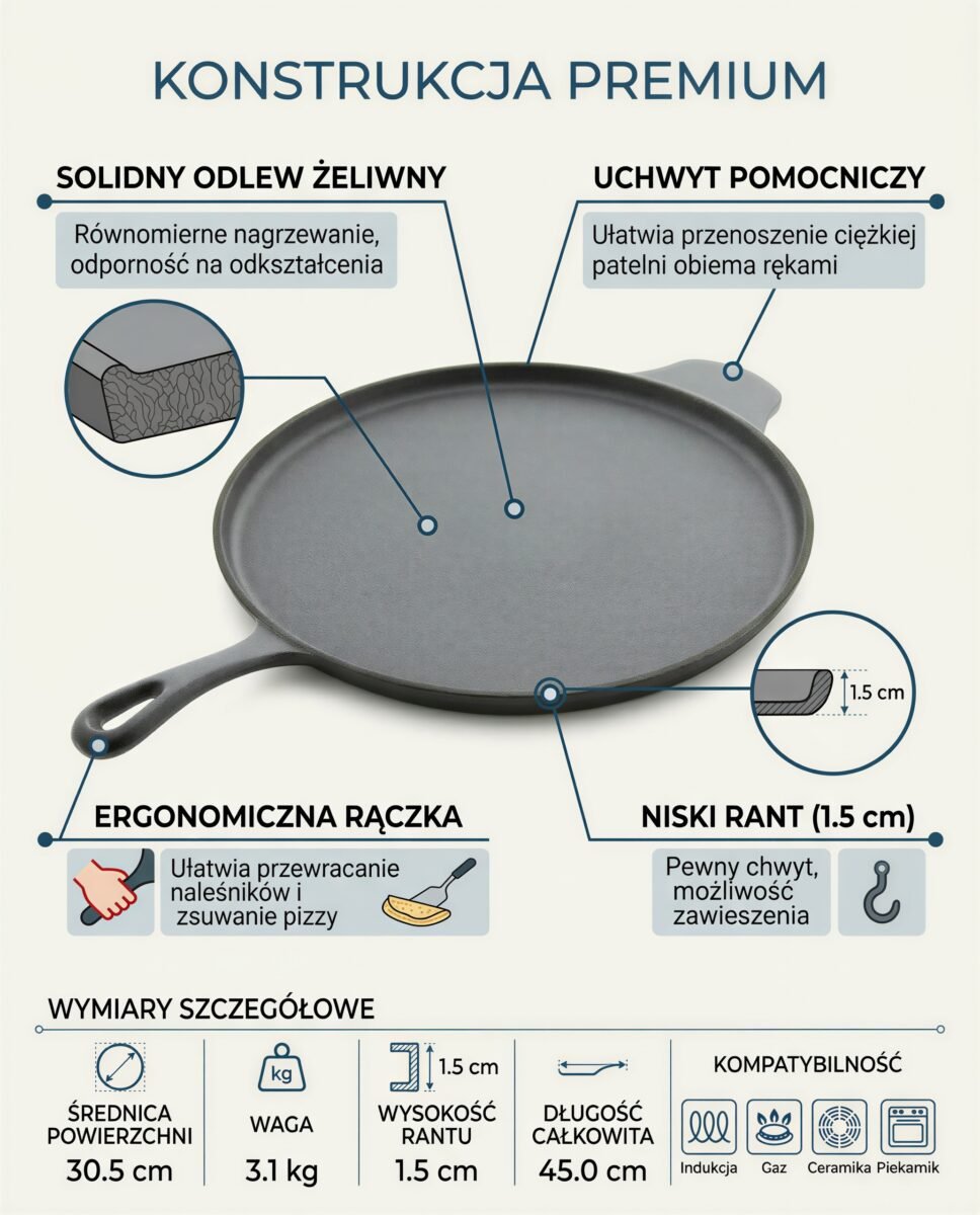 PATELNIA ŻELIWNA DO SMAŻENIA NALEŚNIKÓW PIZZY ZAPIEKANIA 30 CM CZARNA, zdjęcie 7