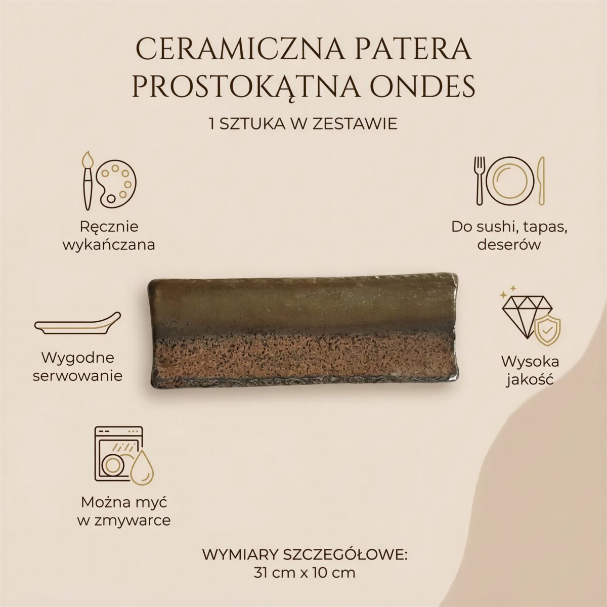PATERA TALERZ PROSTOKĄTNY CERAMIKA DO SERWOWANIA SUSHI DESERÓW 30,5×10 CM