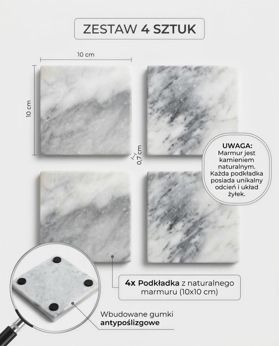 PODKŁADKA PODSTAWKA POD KUBEK MARMUROWA ZESTAW 4 SZT. BIAŁO-SZARA 10×10 CM, zdjęcie 8