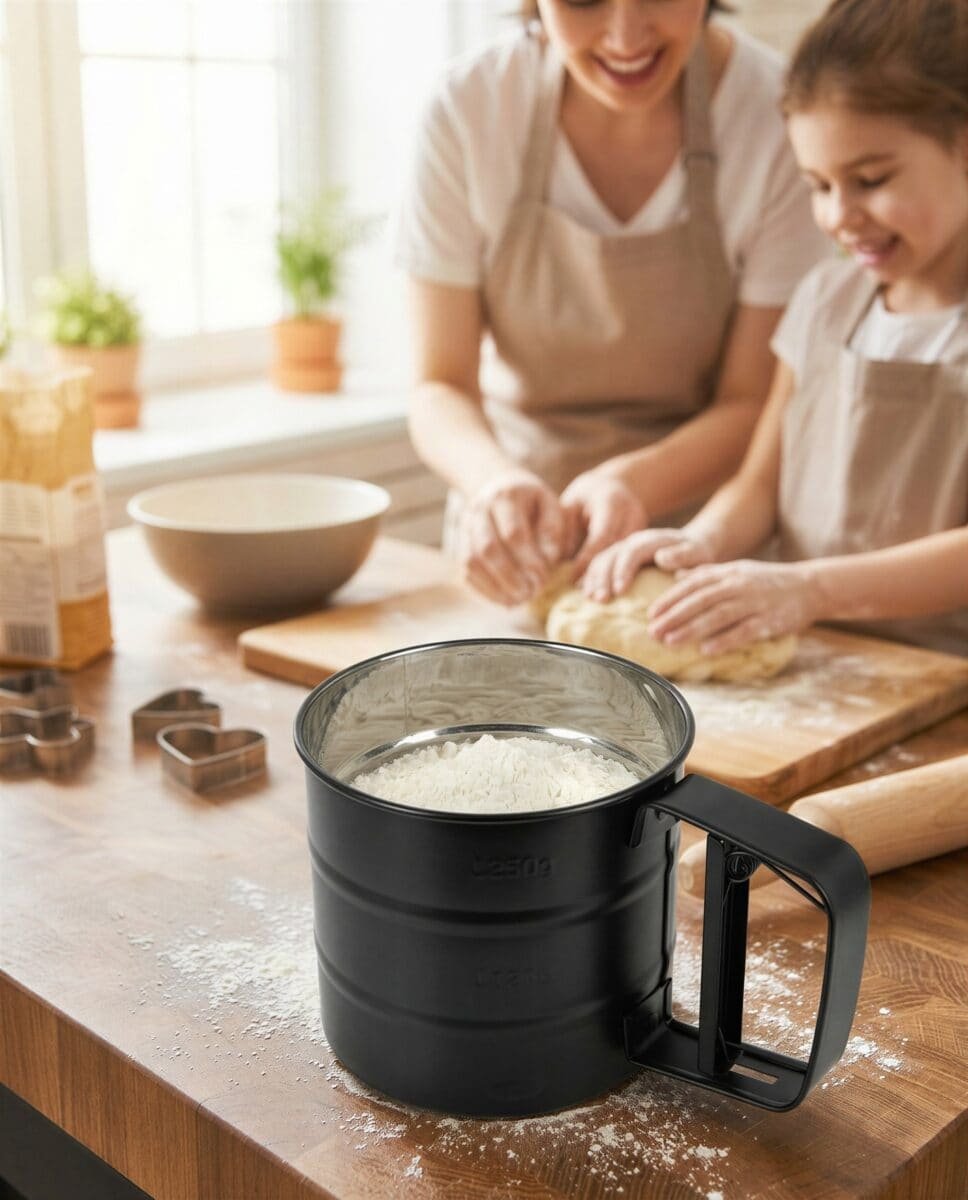 PRZESIEWACZ SITKO KUCHENNE DO MĄKI I CUKRU PUDRU STALOWY 300 G CZARNY, zdjęcie 6